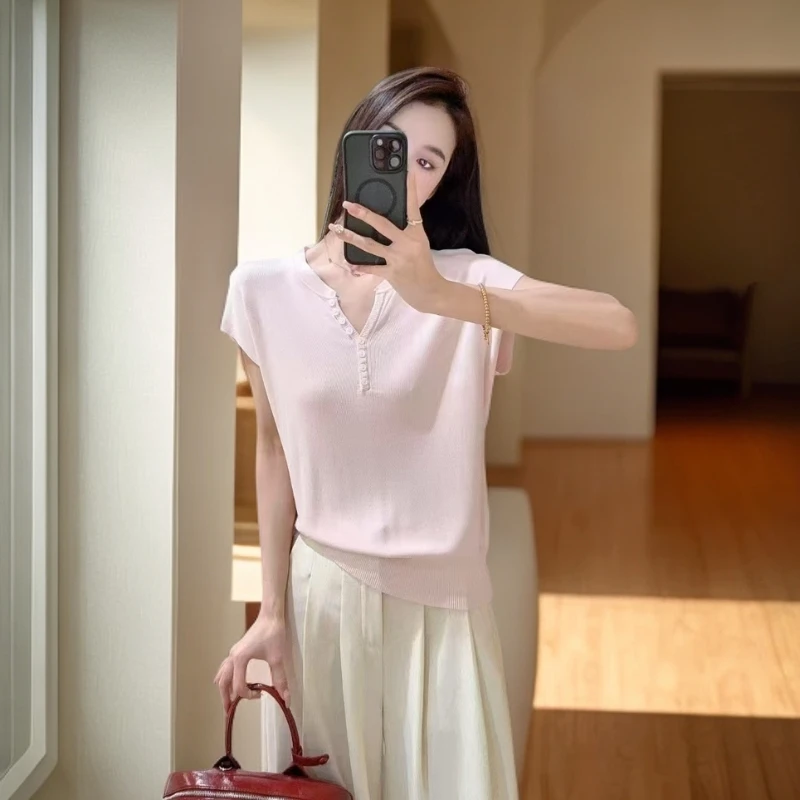 短袖休闲风常规款修身型毛针织衫百搭毛衣圆领气质夏季