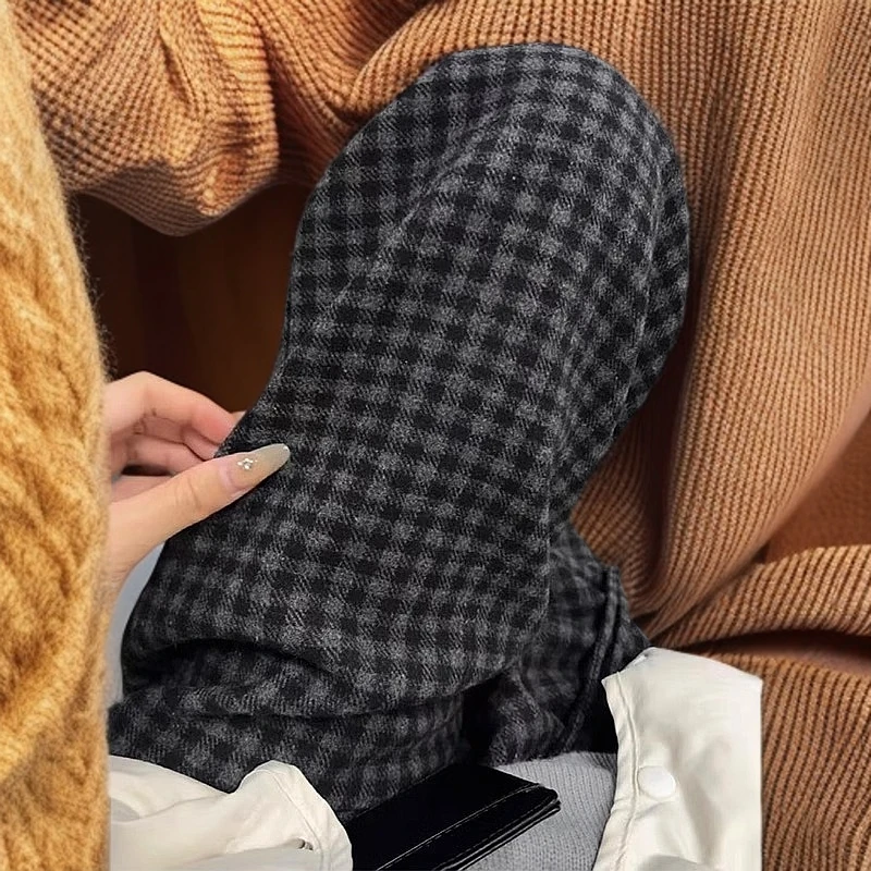 复古黑色格子裤子女秋冬小个子高腰垂感直筒休闲显瘦加绒阔腿裤xs