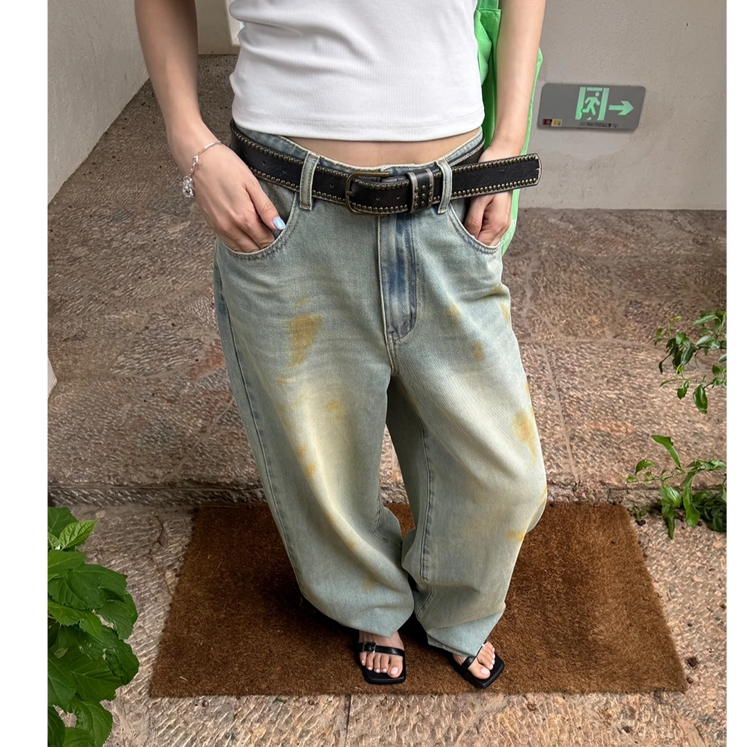 逸语IN choose u笑笑家2025夏季做旧洗水牛仔裤女宽松阔腿裤89808