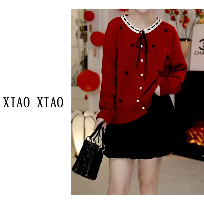 【XIAOXIAO】大码女装新款秋冬蝴蝶结系带减龄爱心针织开衫XX077