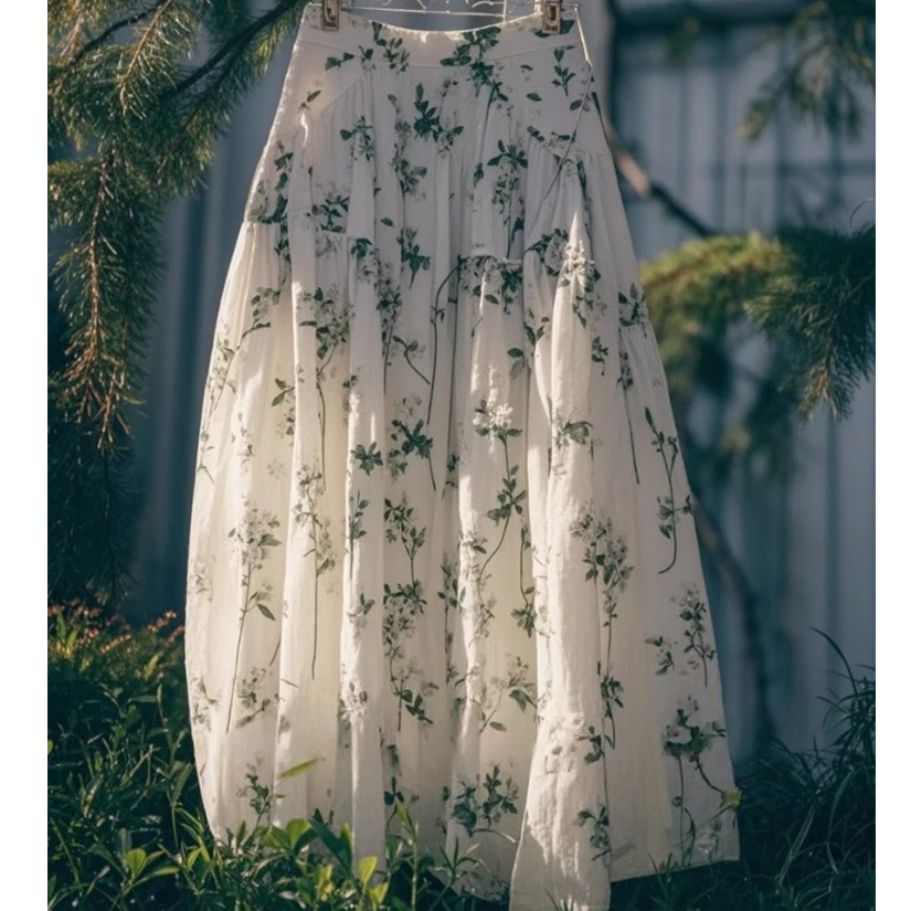 超好看绿色碎花半身裙女2025年夏季新款设计感高腰显瘦a字长裙子