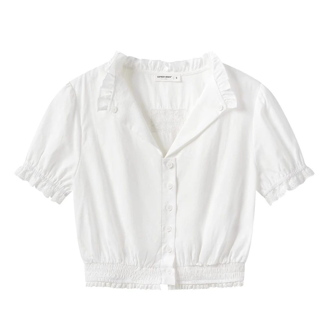 羊城故事-法式设计感甜美木耳边衬衫翻领米白色短上衣Y50449605