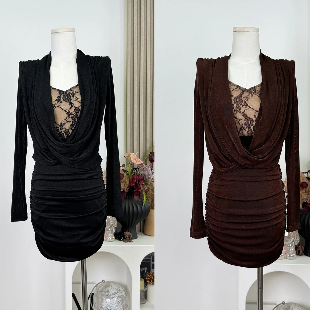 法式御姐风蕾丝拼接荡领连衣裙女秋季新款高级感收腰显瘦包臀短裙