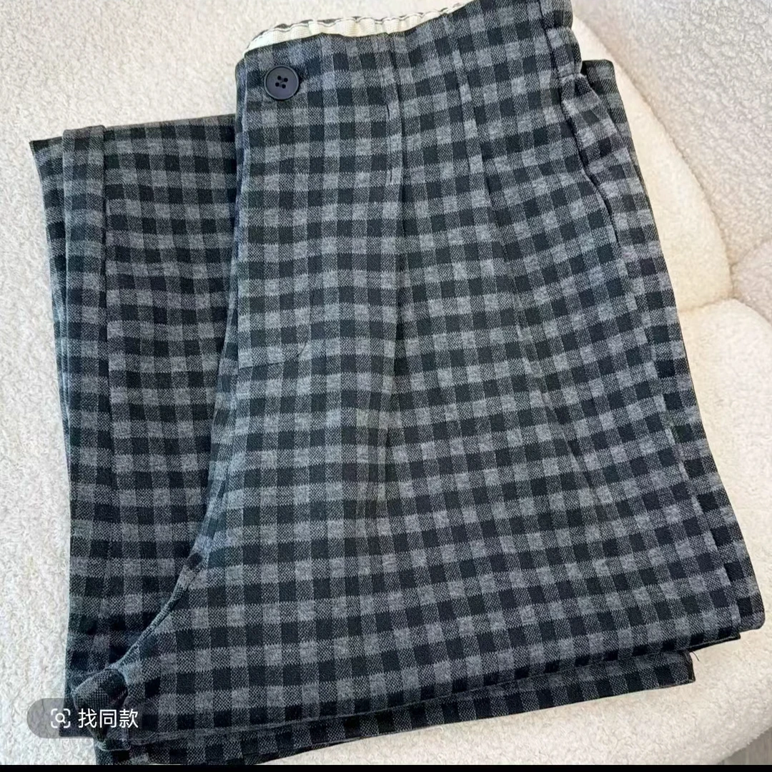 2025秋季新款复古格子裤女半松紧垂感宽松百搭显瘦经典阔腿裤