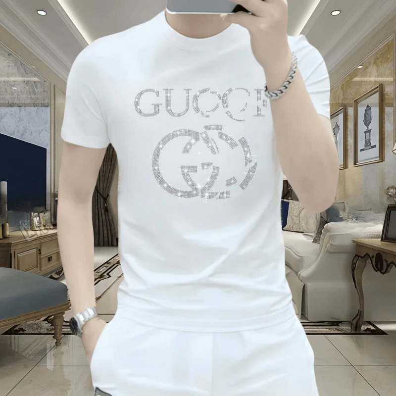 夏季圆领短袖烫钻T恤修身圆领男士时尚休闲百搭潮流轻奢冰丝上衣