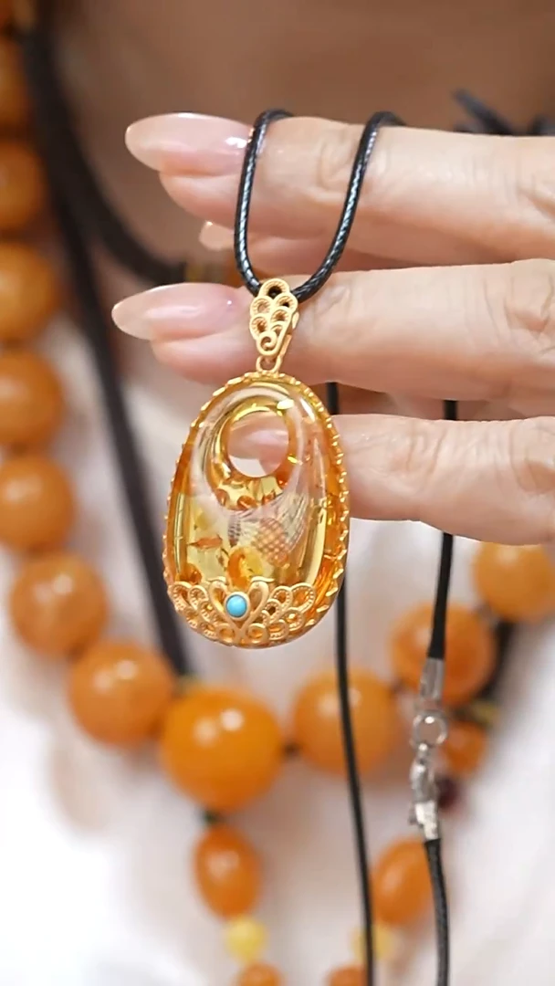 琥珀颈饰银S925镶嵌3463天然蜜蜡珠宝奇石云端妖孽石膏蜡全部保真