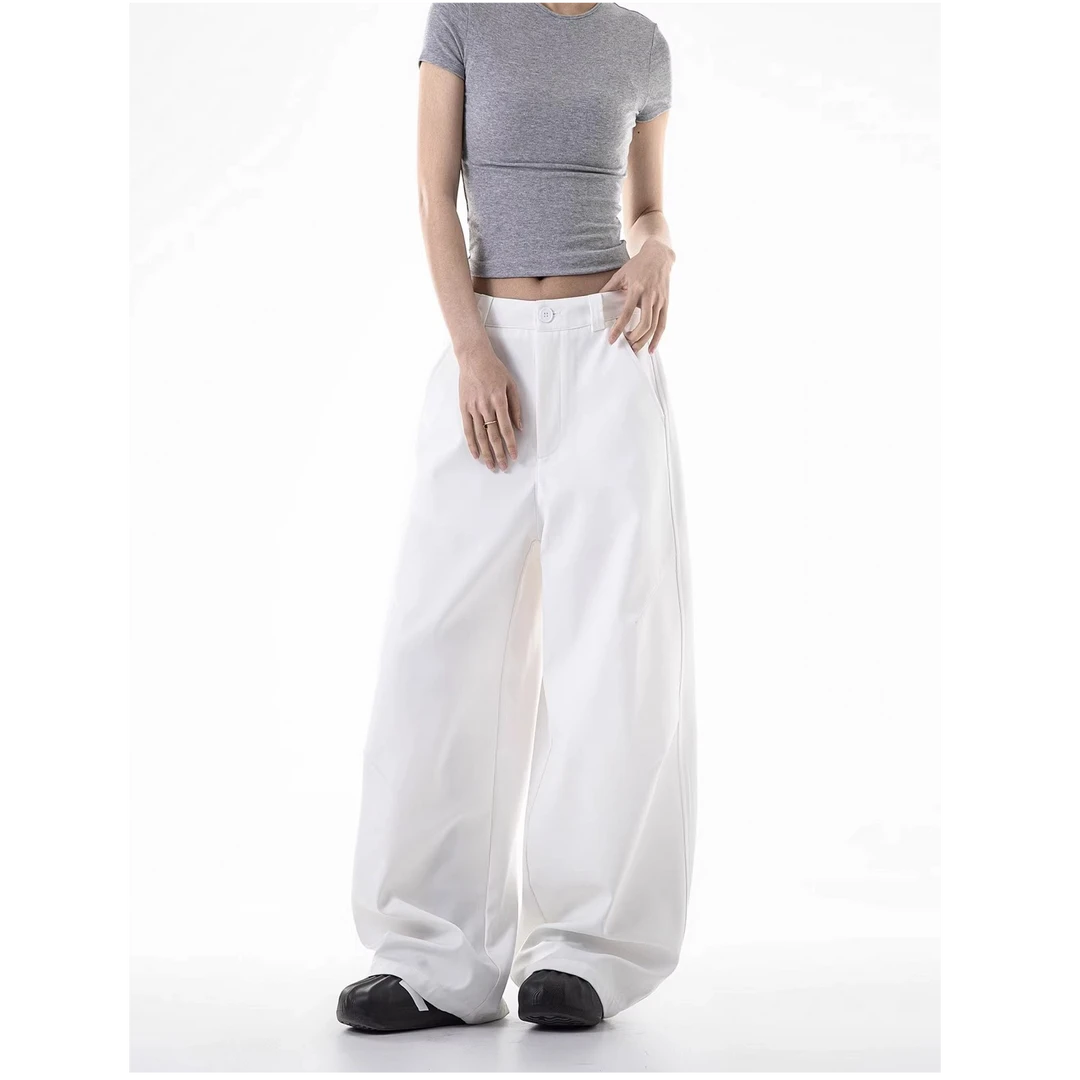 美式白色西装裤女夏季薄款宽松工装阔腿拖地弯刀休闲裤白色裤子