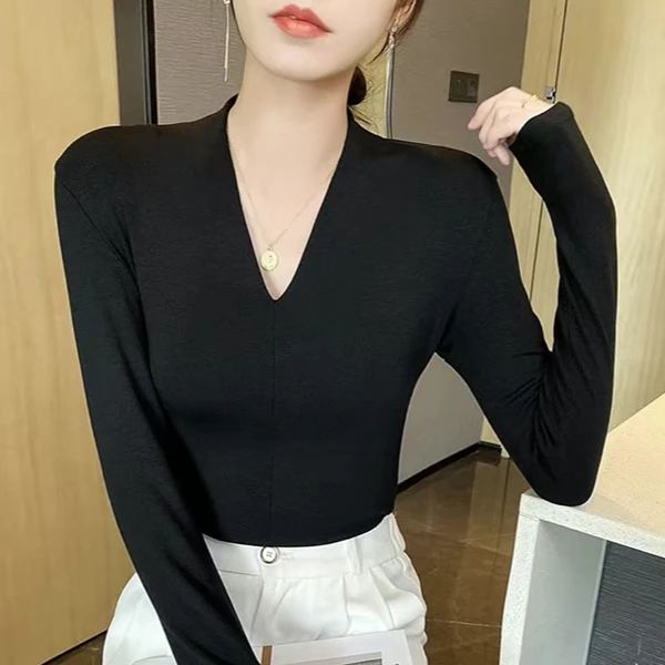 V领T恤长袖春秋新款修身洋气弹力打底衫内搭高级感女士上衣
