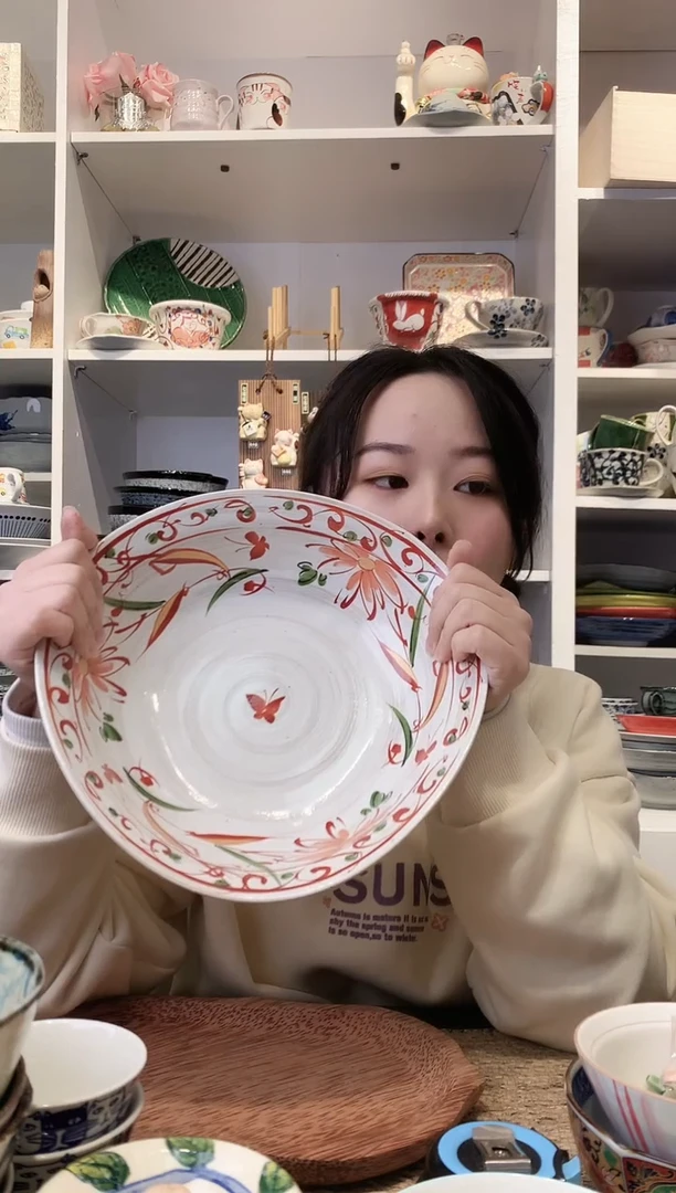 陶瓷bloom手绘赤绘花蝶三足大钵24.5cm