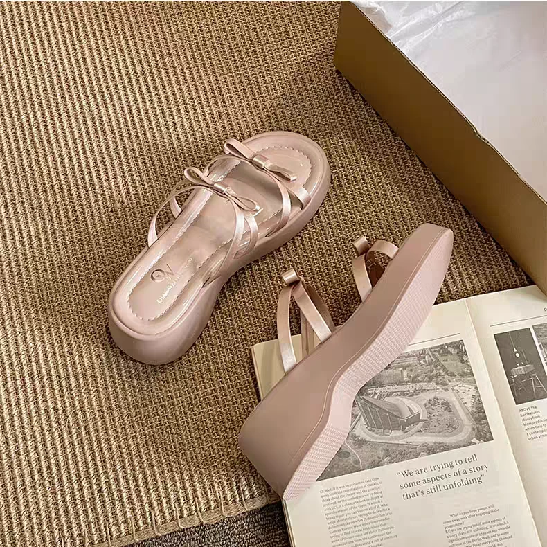 软皮版~法式绝美蝴蝶结一字带厚底外穿拖鞋女仙女风露趾百搭凉拖