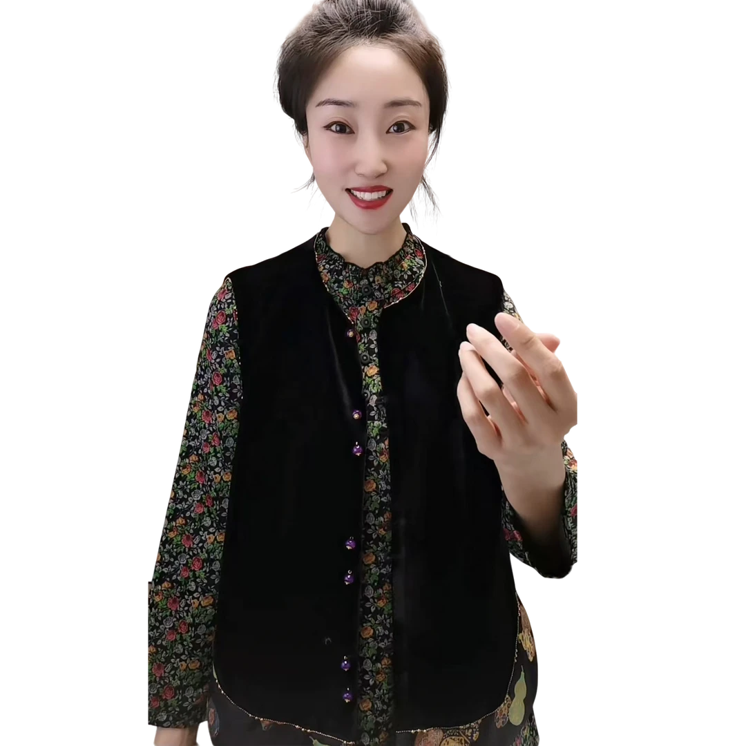 丝绒马甲拼缎设计对襟时尚百搭显瘦秋季马夹