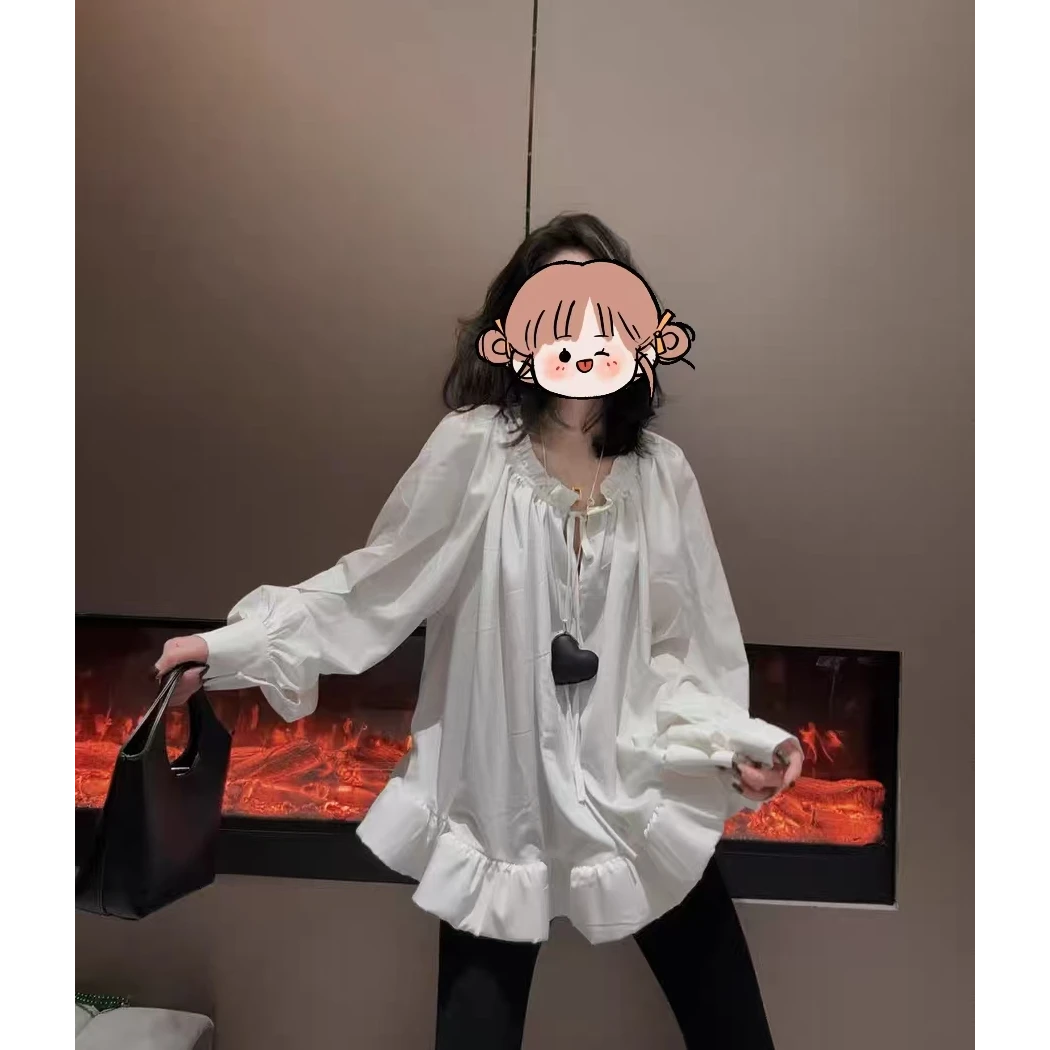 3320新款设计感长袖女上衣法式气质宫廷风荷叶边系带收腰白衬衫