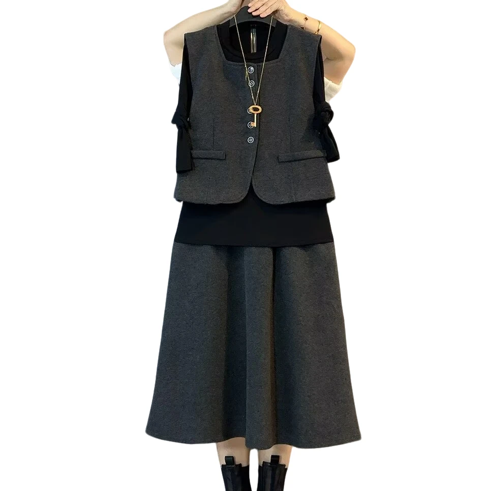 LYR欧货简约气质百搭马甲半身裙三件套