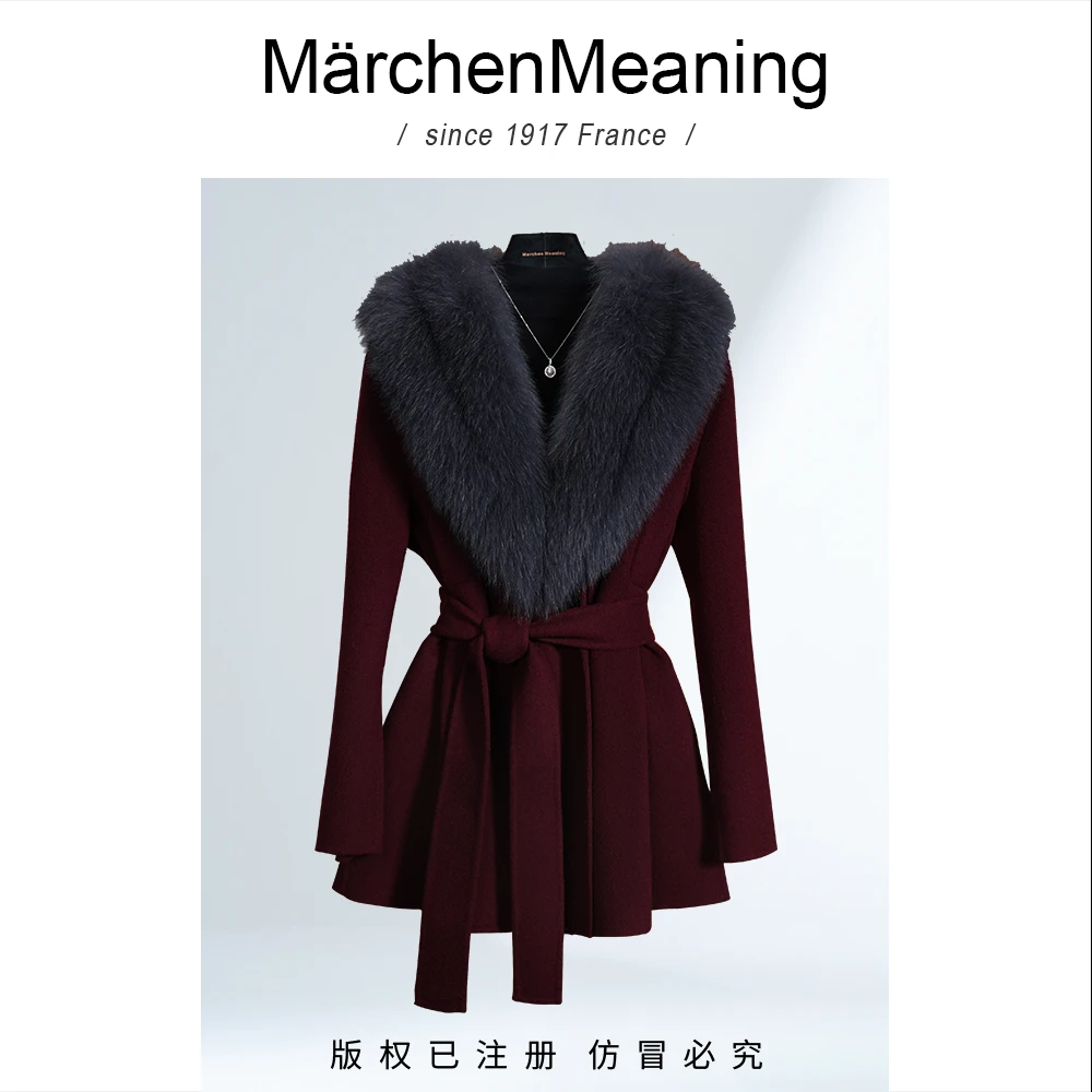 MärchenMeaning设计师女装安哥拉红秋冬新款大衣百搭有毛领赵2