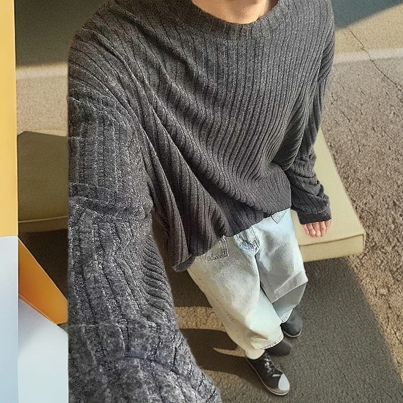 肌理感针织长袖t恤男春秋美式复古潮牌高级感宽松休闲打底衫卫衣