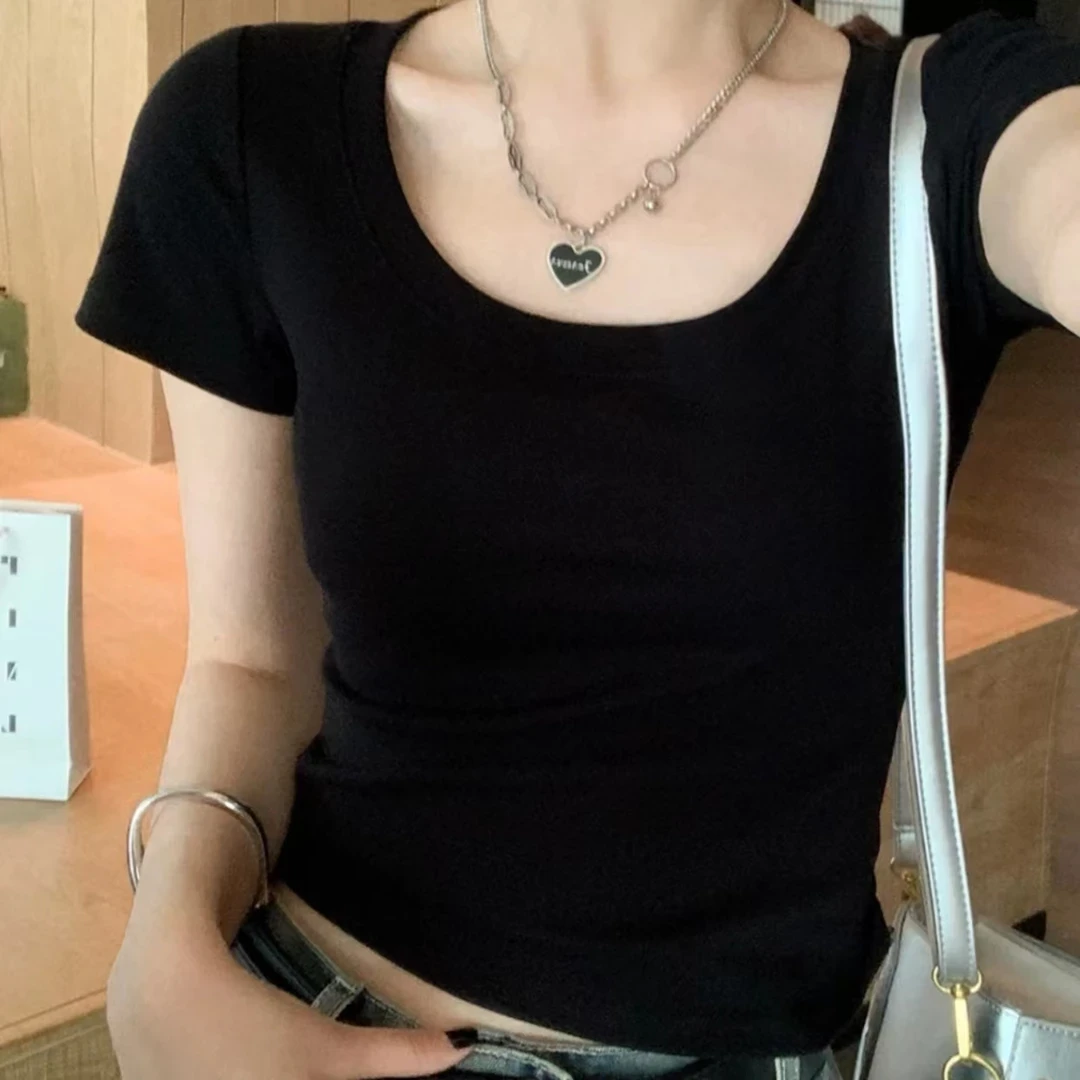 ins辣妹正肩夏季新款短款内搭短袖t恤女修身气质U领百搭显瘦T恤女