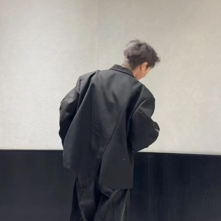 AstronSea2025ss“剃须” 羊毛精纺拼接铜氨丝廓形西装 黑色 L/XL码