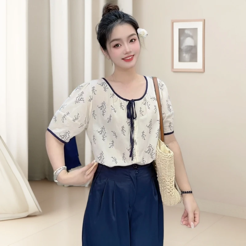 S008 夏季新款显瘦短袖衬衫女休闲时尚圆领系带宽松百搭气质小衫