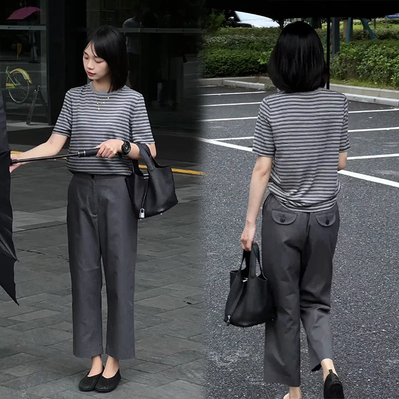 夏季2025新款洋气炸街套装条纹短袖T恤女高腰修身直筒百搭休闲裤