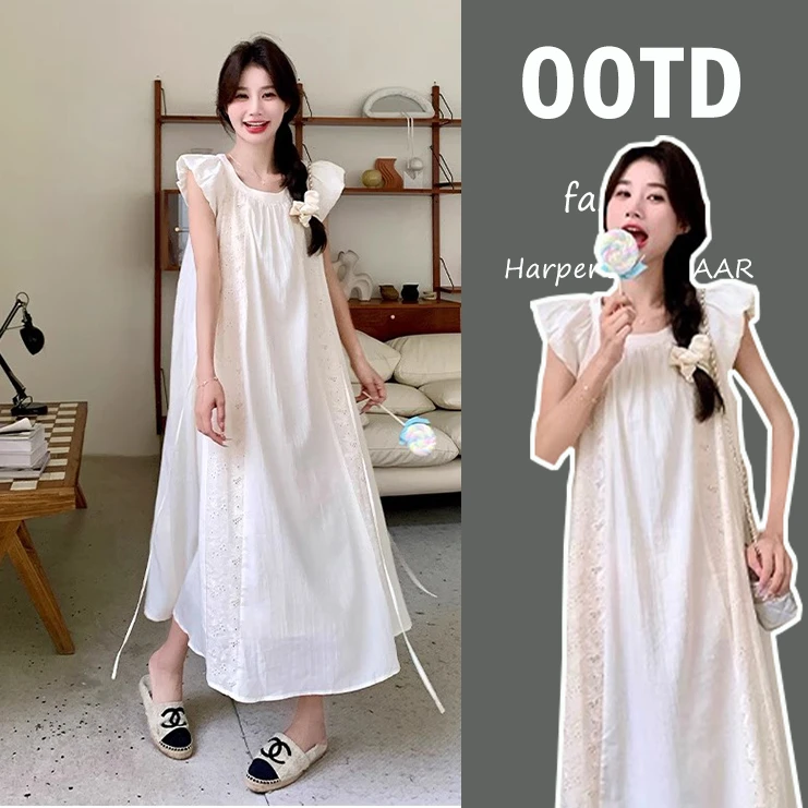 时尚孕妇夏季新款法式蕾丝拼接小飞袖连衣裙女温柔风甜美减龄长裙