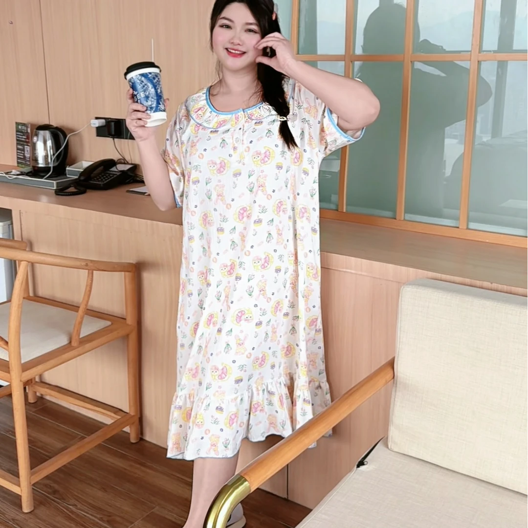 胖美女夏季胖妹子220斤穿特大码睡裙中长款碎花飘逸短袖圆领裙子