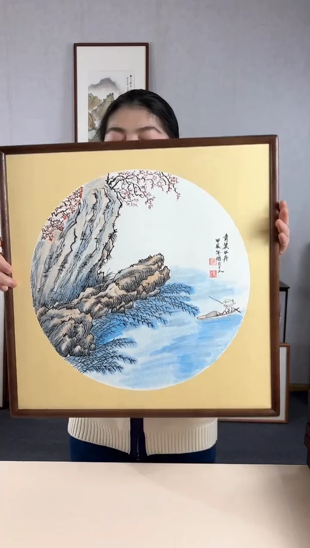 【闪购商品】国画手绘*青蓑孤舟斗方*53*53cm实木框