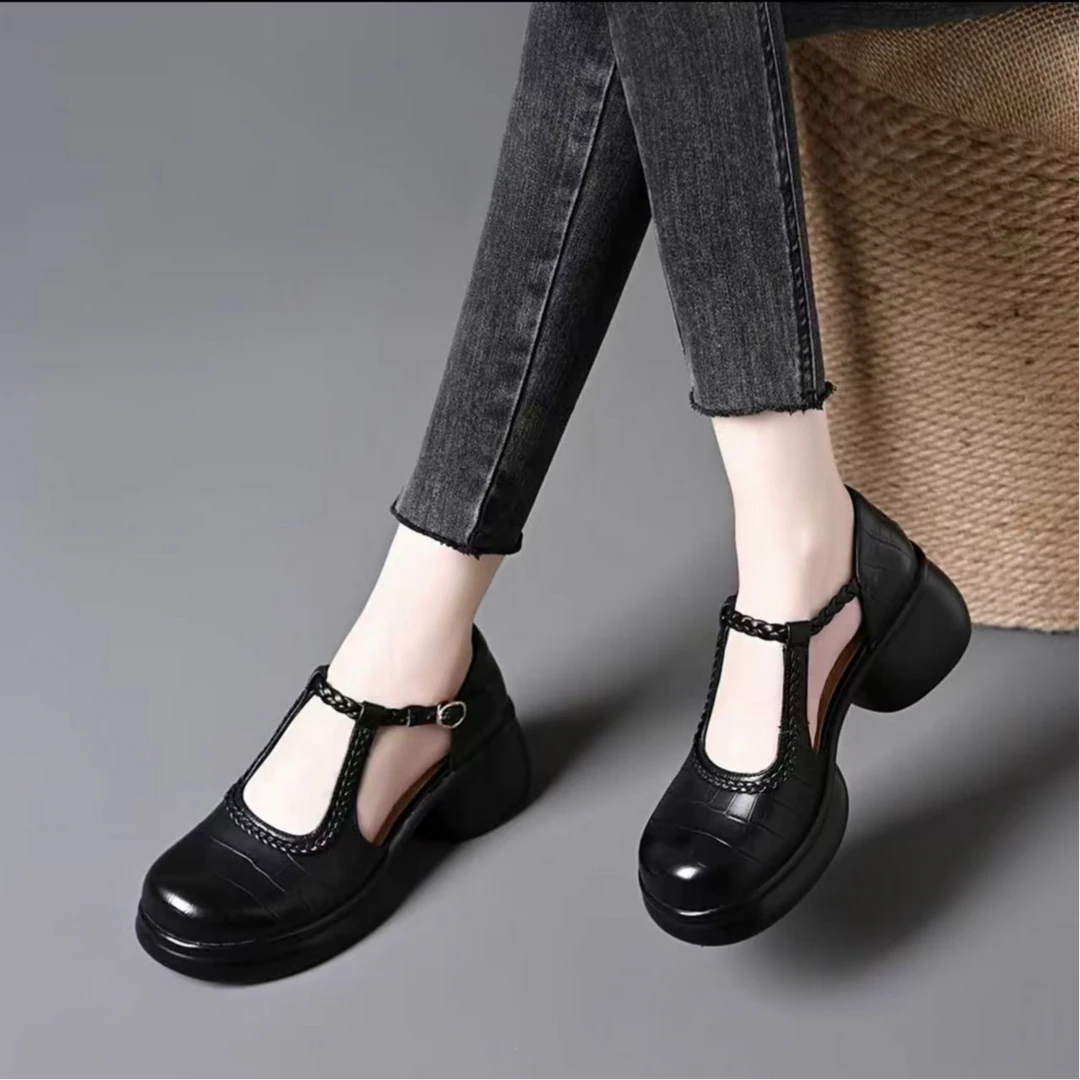 2025夏季新款真皮包头凉鞋女石头纹编织圆头粗跟百搭镂空单鞋3