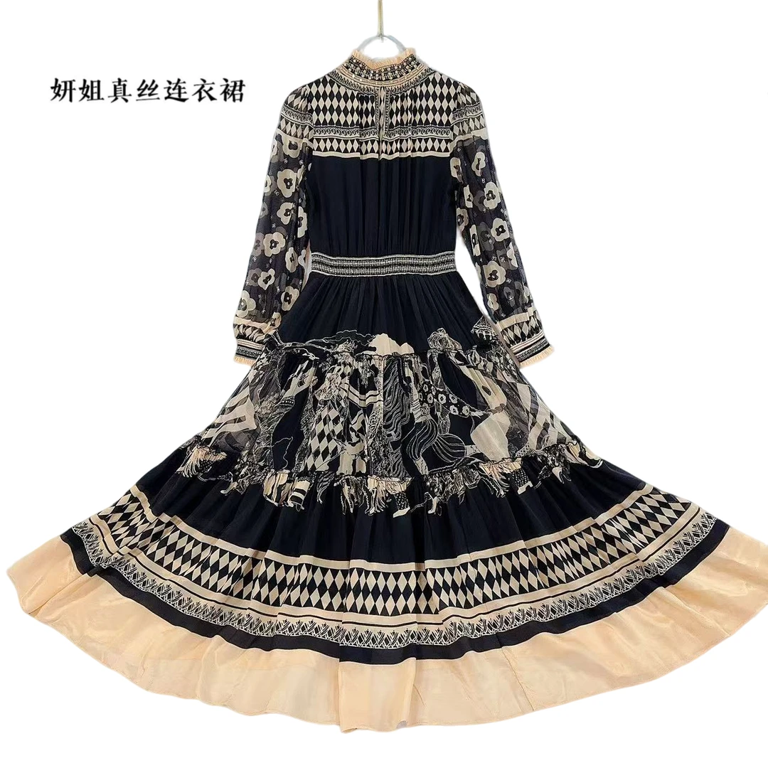 桑蚕丝春夏新品气场全开圆领收腰大摆夏季时尚女装黑色 25066