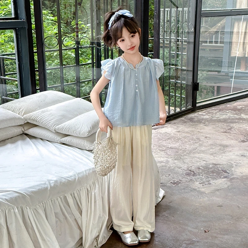 【高品质】女童套装2025夏装儿童休闲飞袖上衣宽松休闲山本裤两件套