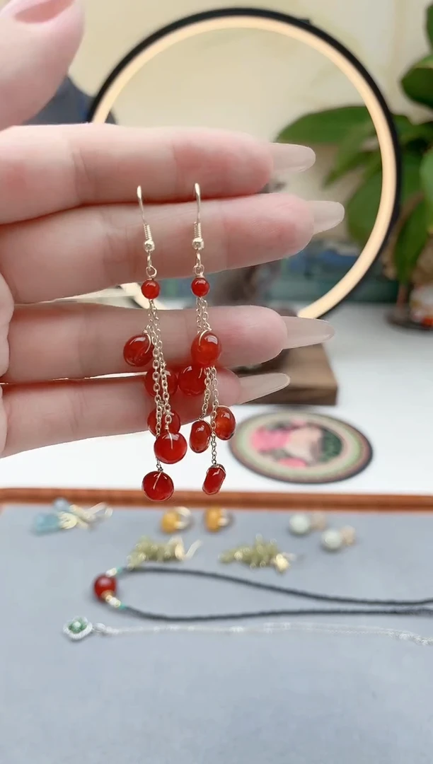 玛瑙/玉髓耳饰银S925镶嵌1算盘珠红