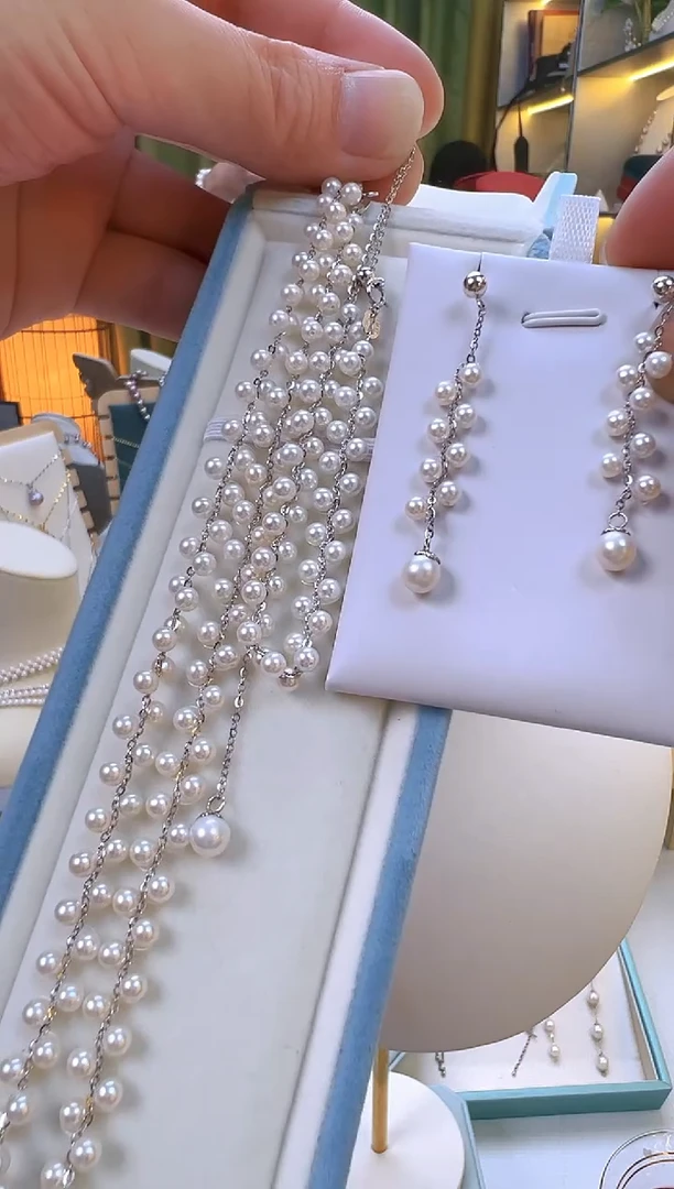 淡水珍珠银S925镶嵌项链v*户清晨的露珠项链+手链+耳饰