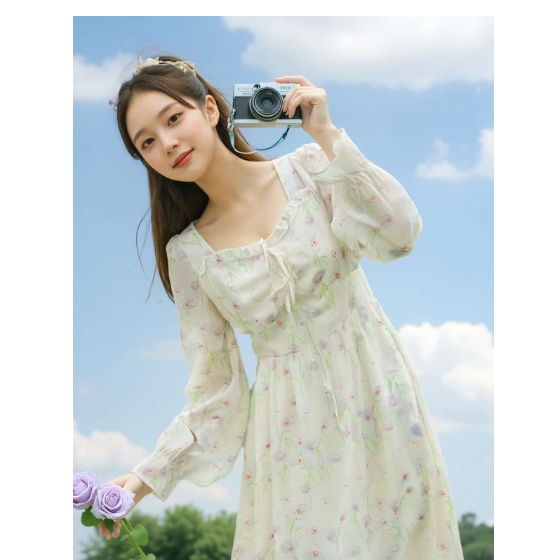 YH-66466大码女装胖mm法式碎花雪纺连衣裙2025春秋新款甜美温柔风
