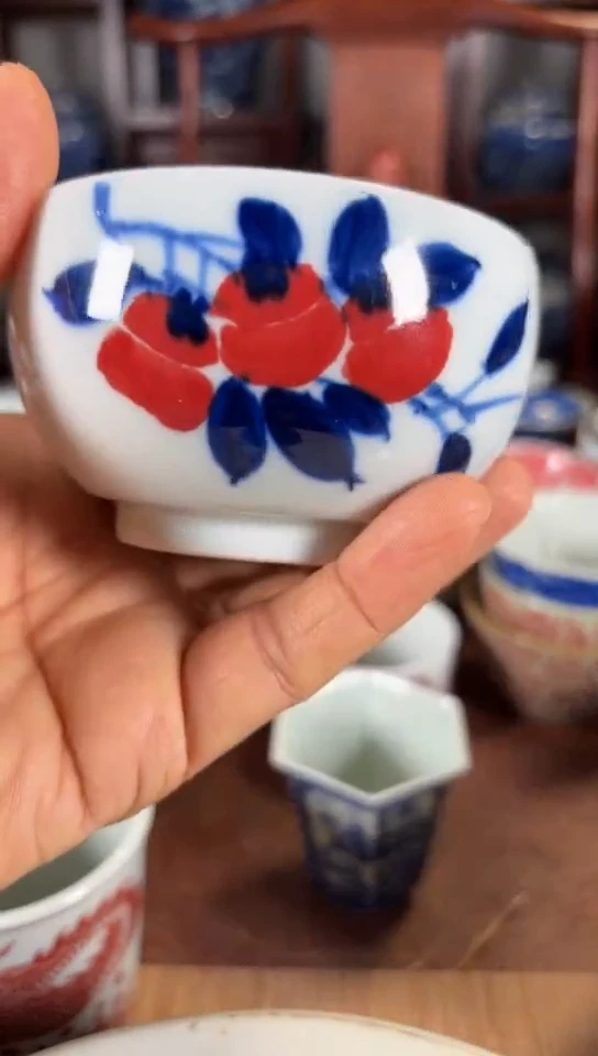 柴窑青花釉里红柿柿如意杯杯