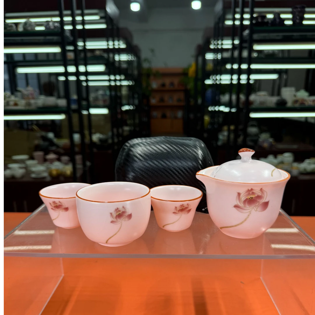 德化云仓 粉色汝窑一壶三杯手抓旅行茶具户外便携式旅行茶具-4483