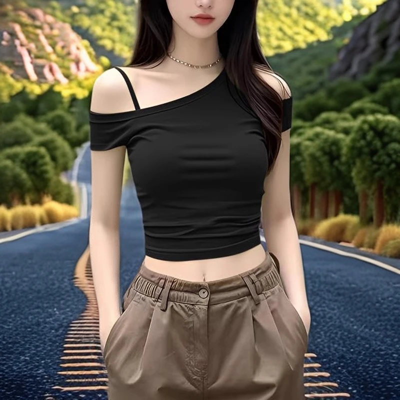 新款纯欲短款辣妹一字肩打底显瘦露肩独特别致小上衣女夏爆款t恤