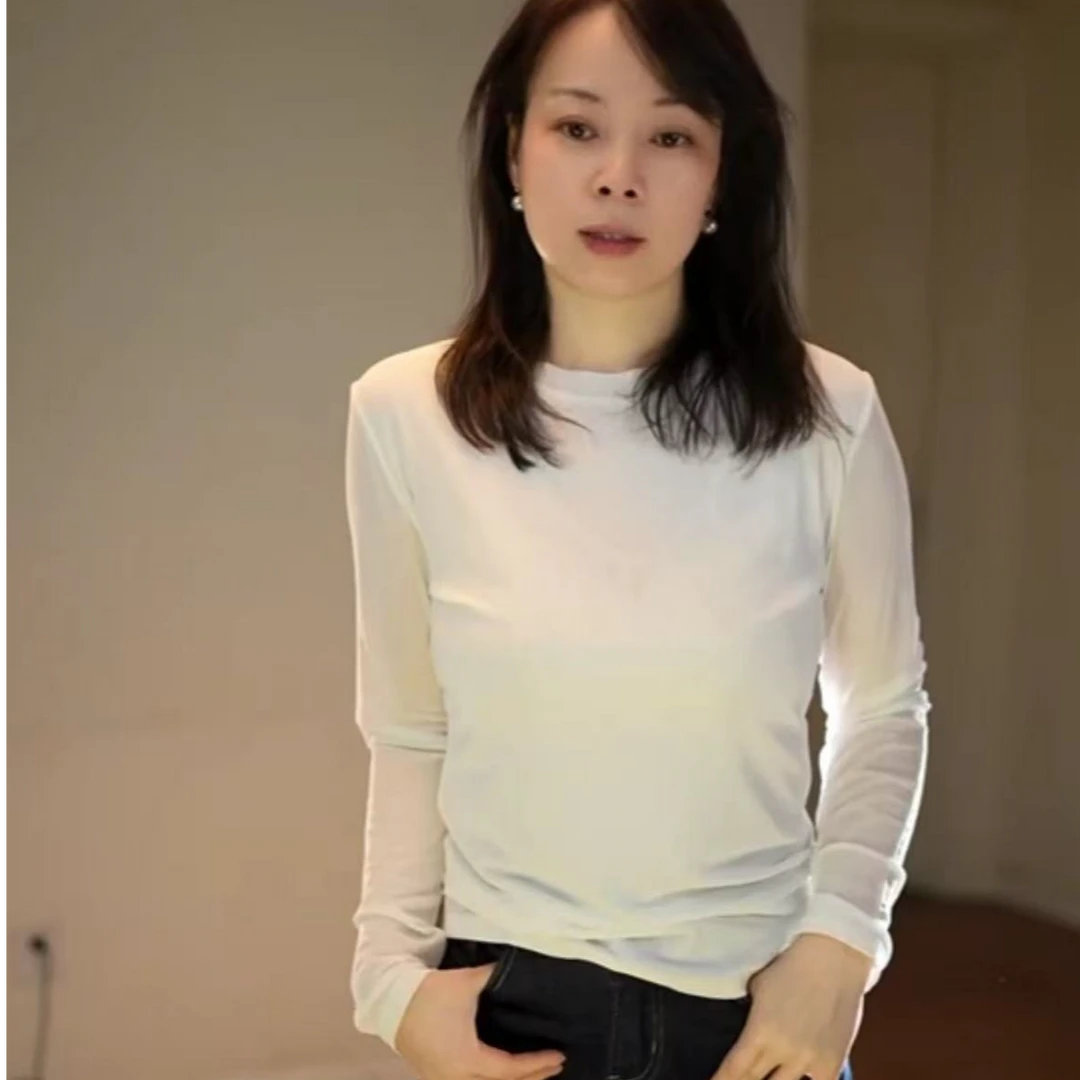 【蝶恋花专属】纯色圆领春夏肌肤纱网纱百搭显瘦上衣长袖女t恤8005