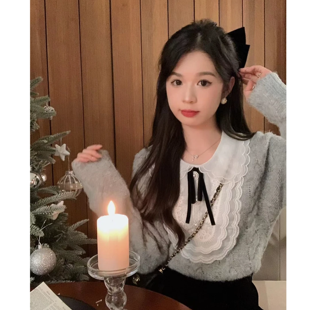 【青仓】安璃 宫廷风精致花边拼接娃娃领绑带毛衣 2418