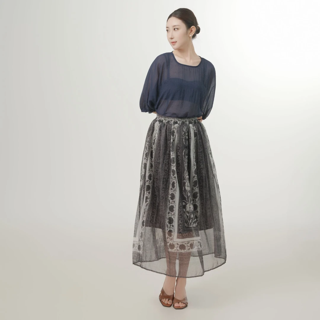 长袖慵懒风外套女装衬衫圆领+印花民族风大裙摆半身裙