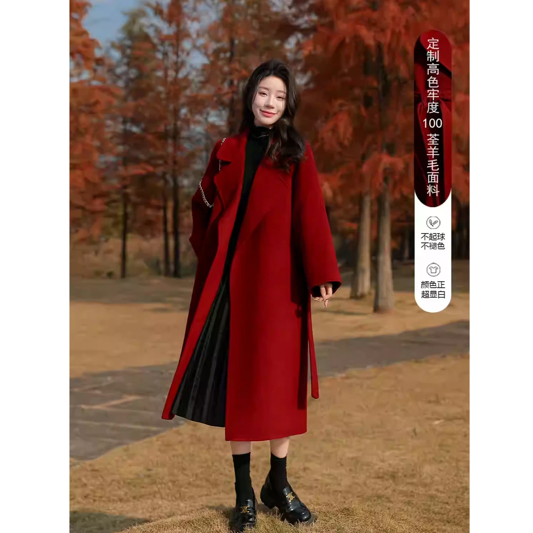 新年圣诞红色100%纯羊毛 冬款百搭双面呢女士大衣女毛呢外套W8357