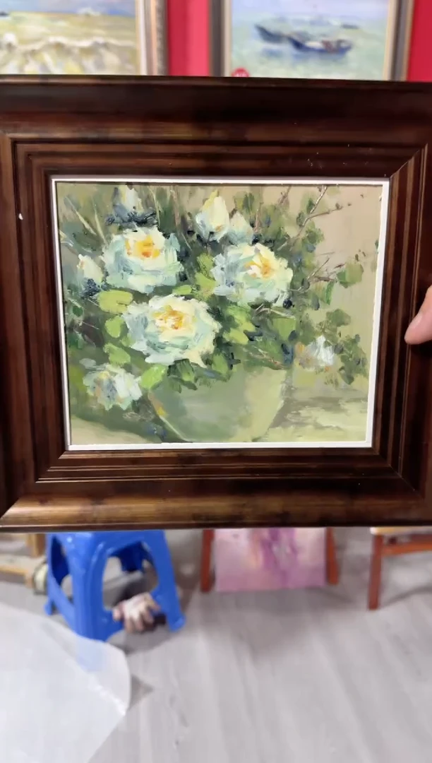 油画俄罗斯手绘油画作品《 黄色玫瑰》25x28带外框