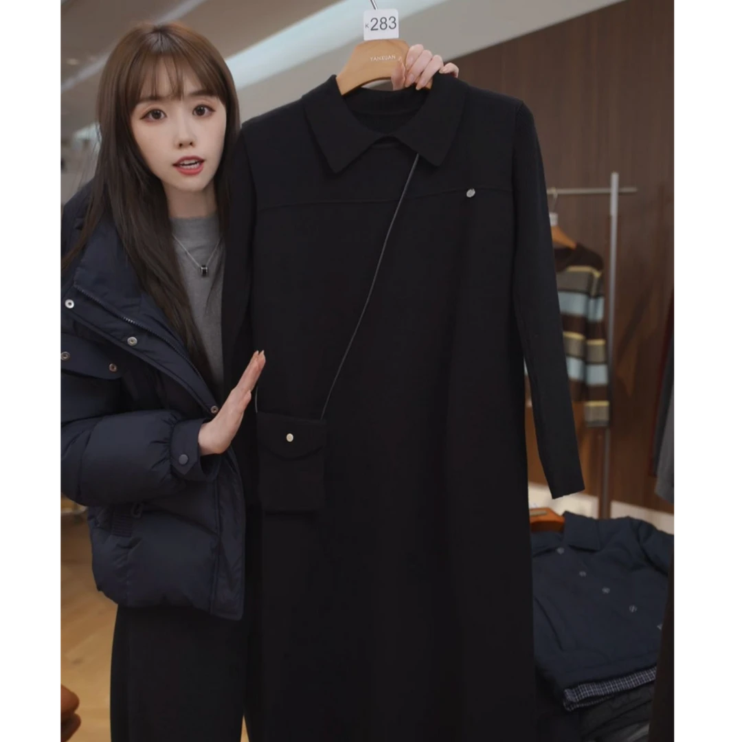 YANXUAN  2025中长款秋冬时尚显瘦气质翻领黑色真两件连衣裙 3122