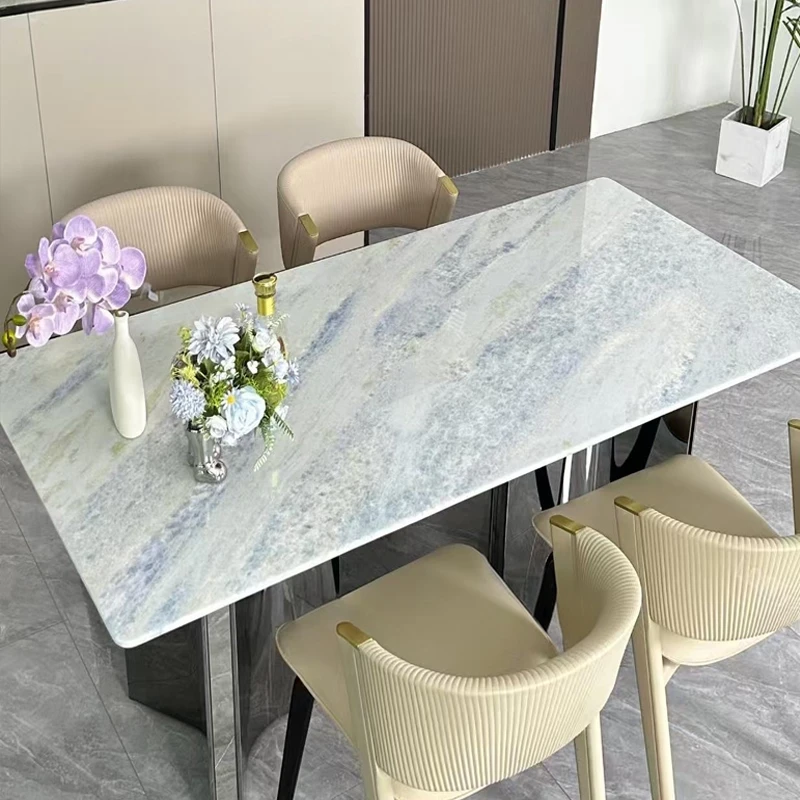 2025意式轻奢蓝水晶天然奢石餐桌椅组合长方形大理石高端别墅饭桌