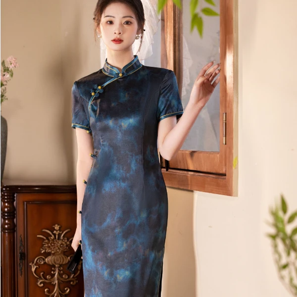 GUXI/故汐时尚国风旗袍双层长旗袍提花日常中长款滚边优雅气质