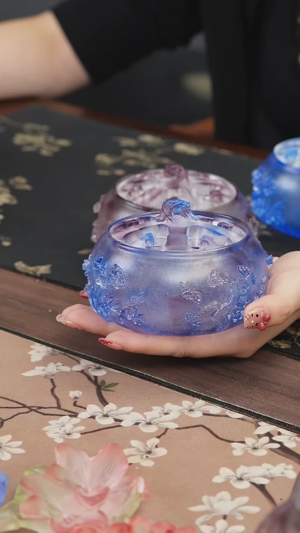 手工艺品琉璃蓝紫色梅花香炉