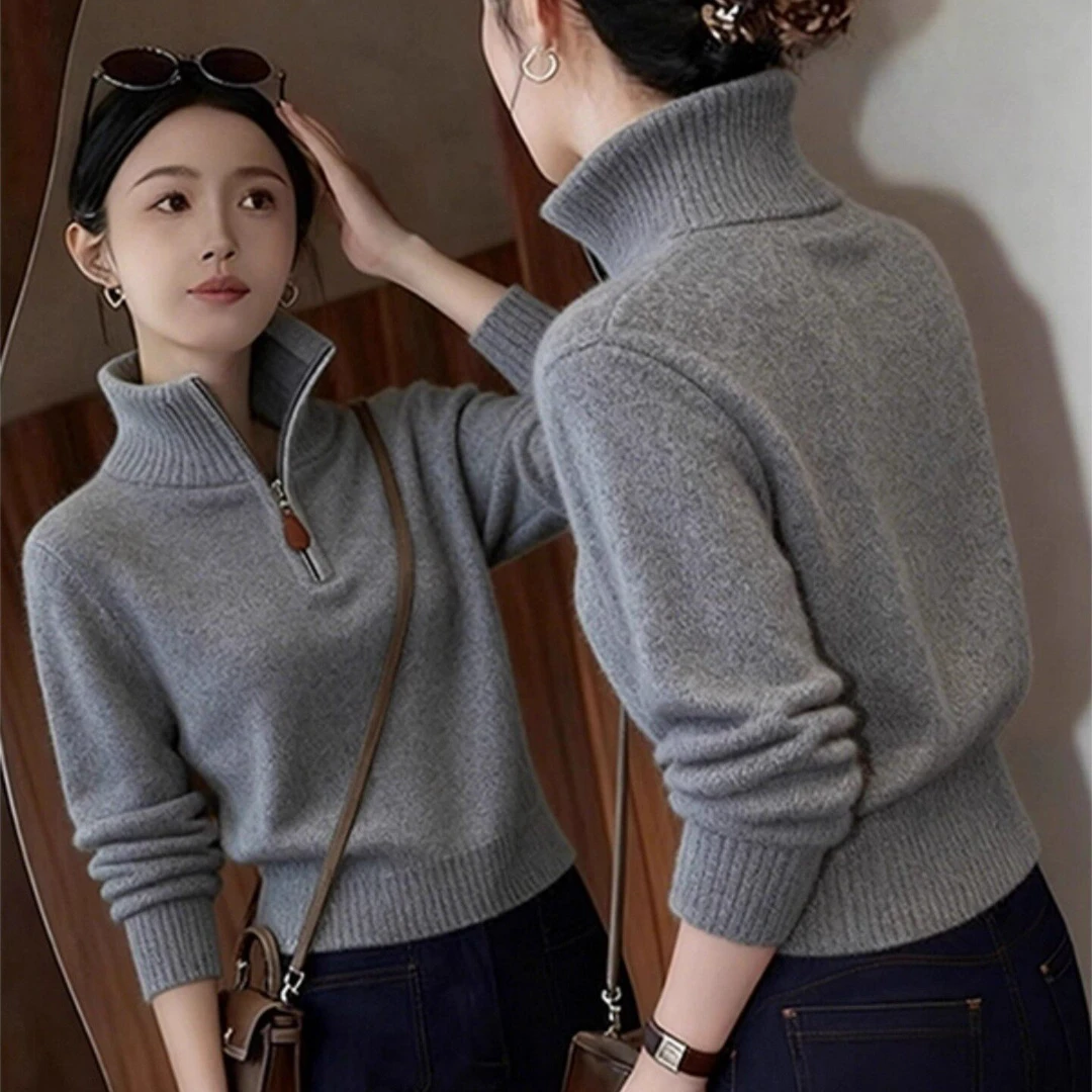 极简风灰色半拉链高领短款毛衣女秋冬2025新款小众不撞款针织上衣