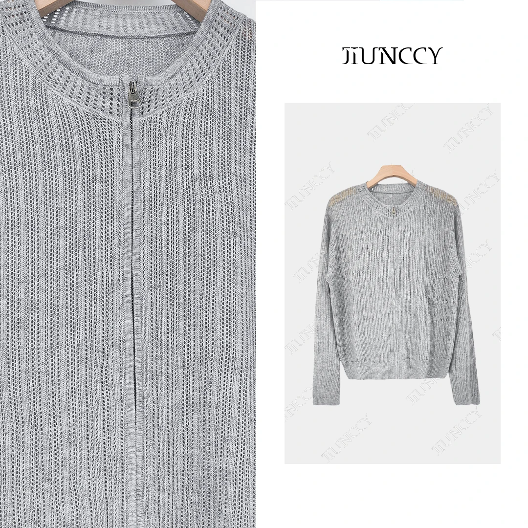 JIUNCCY【灰空】羊毛混纺细坑条微镂空休闲拉链针织开衫 52YZZ019