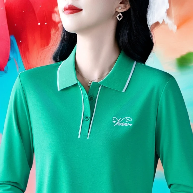 冰丝2025透气妈妈上衣女春秋气质长袖T恤减龄运动polo衫女百搭OL