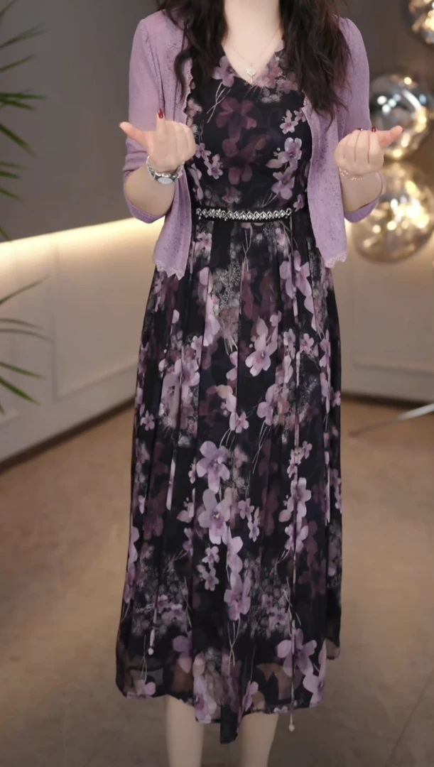 新款两件套春季薰衣草紫色温柔风穿搭女人味印花连衣裙M-4XL