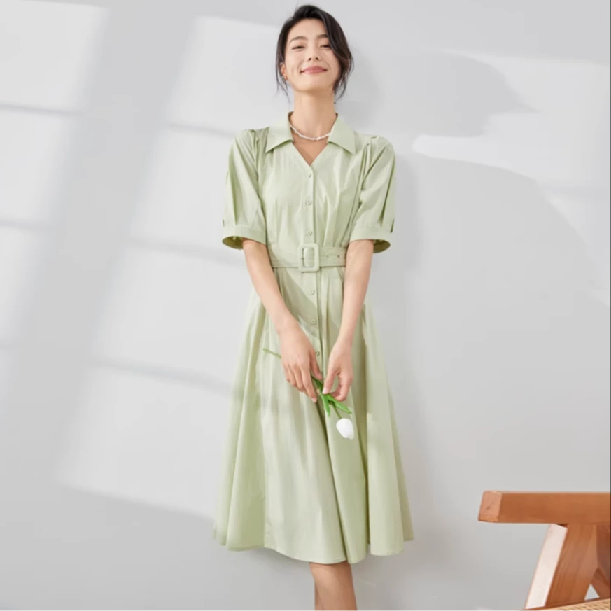 【夏日清仓】6362007果绿色夏季长袖中长连衣裙法式轻奢印花连衣裙