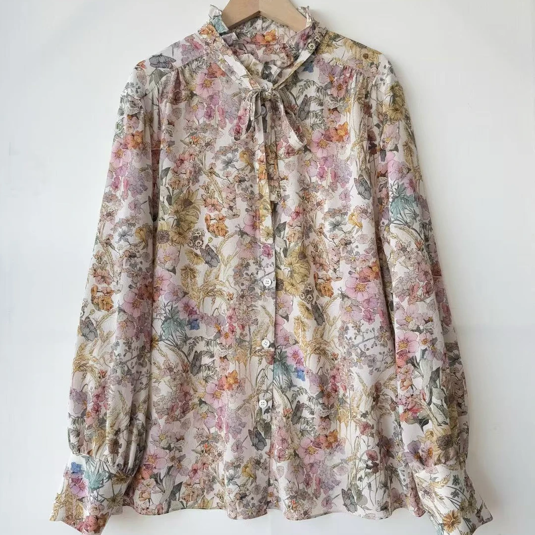 【ZS-24122705】繁花 桑蚕丝花边领系带衬衫真丝印花上衣